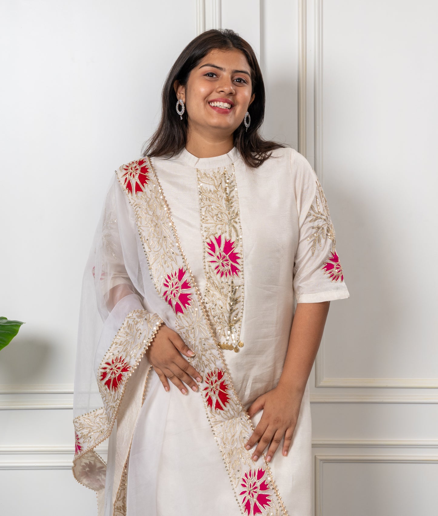 Dola silk kurta and pant set with organza dupatta with heavy border with sequence and pearl work