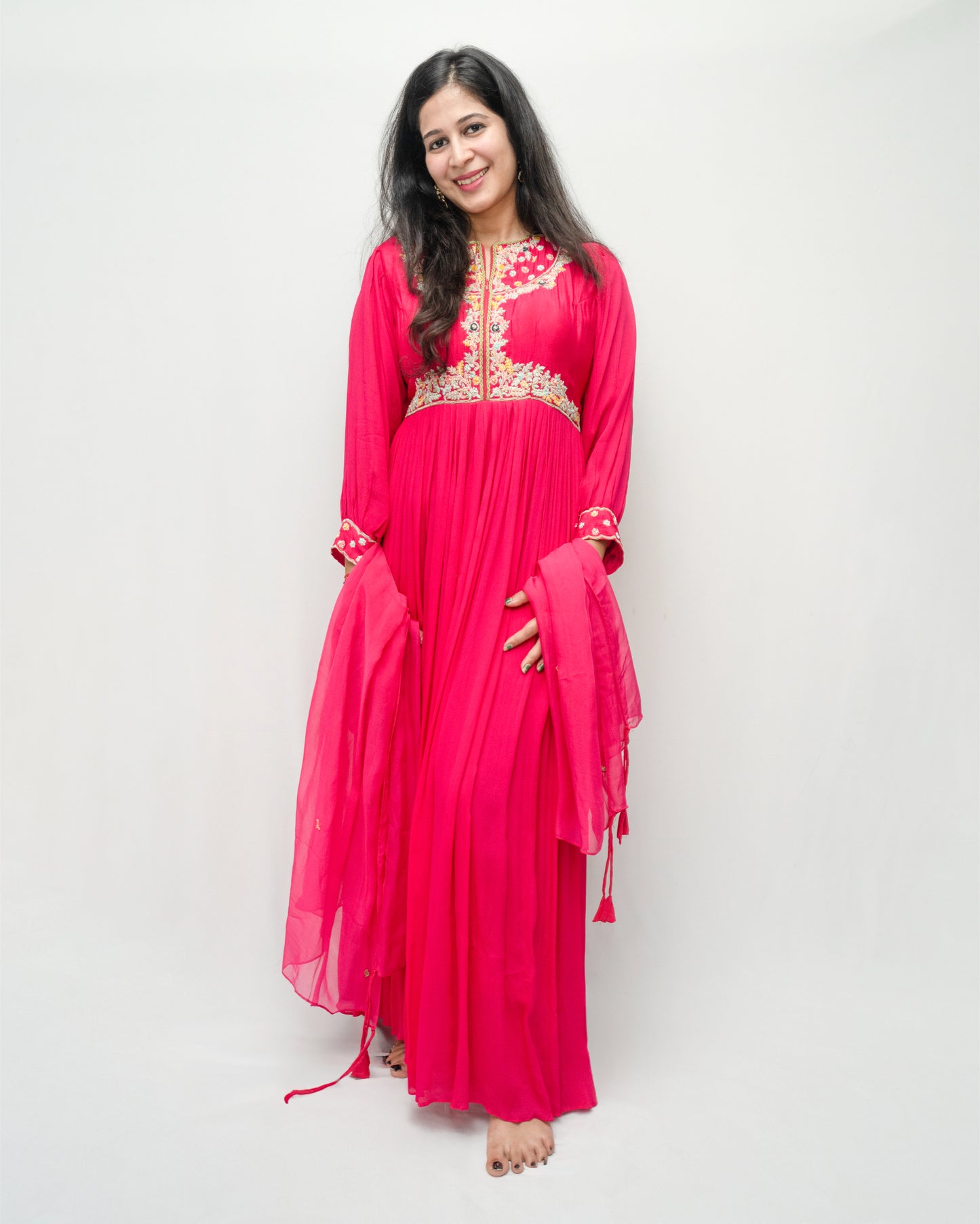 Hand Embroidered Pink Gown with Dupatta