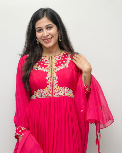 Hand Embroidered Pink Gown with Dupatta