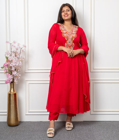 Soft organza anarkali style kurta, pant & dupatta set with heavy pearl and zardosi handwork