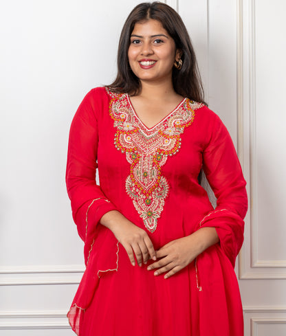 Soft organza anarkali style kurta, pant & dupatta set with heavy pearl and zardosi handwork